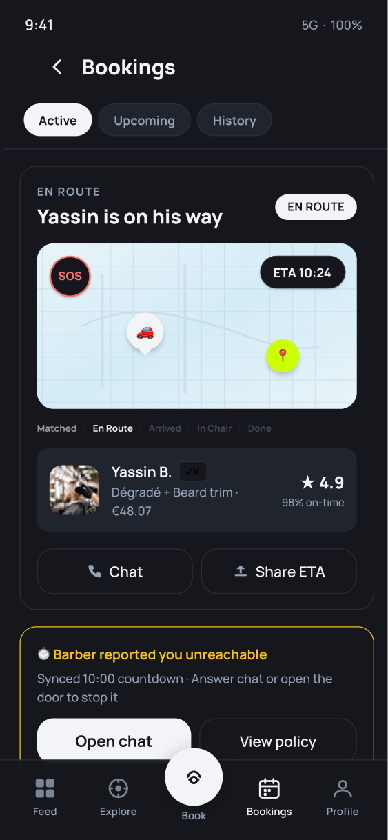 Live map tracking the barber on the way